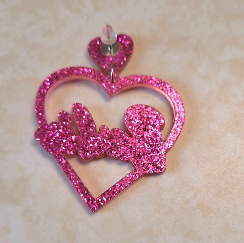 Bride Heart Drop Earrings - Hot Pink Glitter - Picture 6 of 6